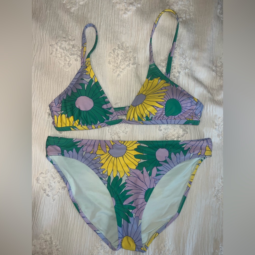 Aerie Floral triangle Bikini Set with Green and Yellow Accents